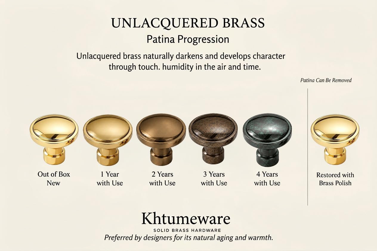 KHTUMEWARE-170280 Solid Brass Round Knob, Unlacquered Brass, 1-1/4 in (32 mm), 5-Pack in Unlacquered Brass — KHTUMEWARE