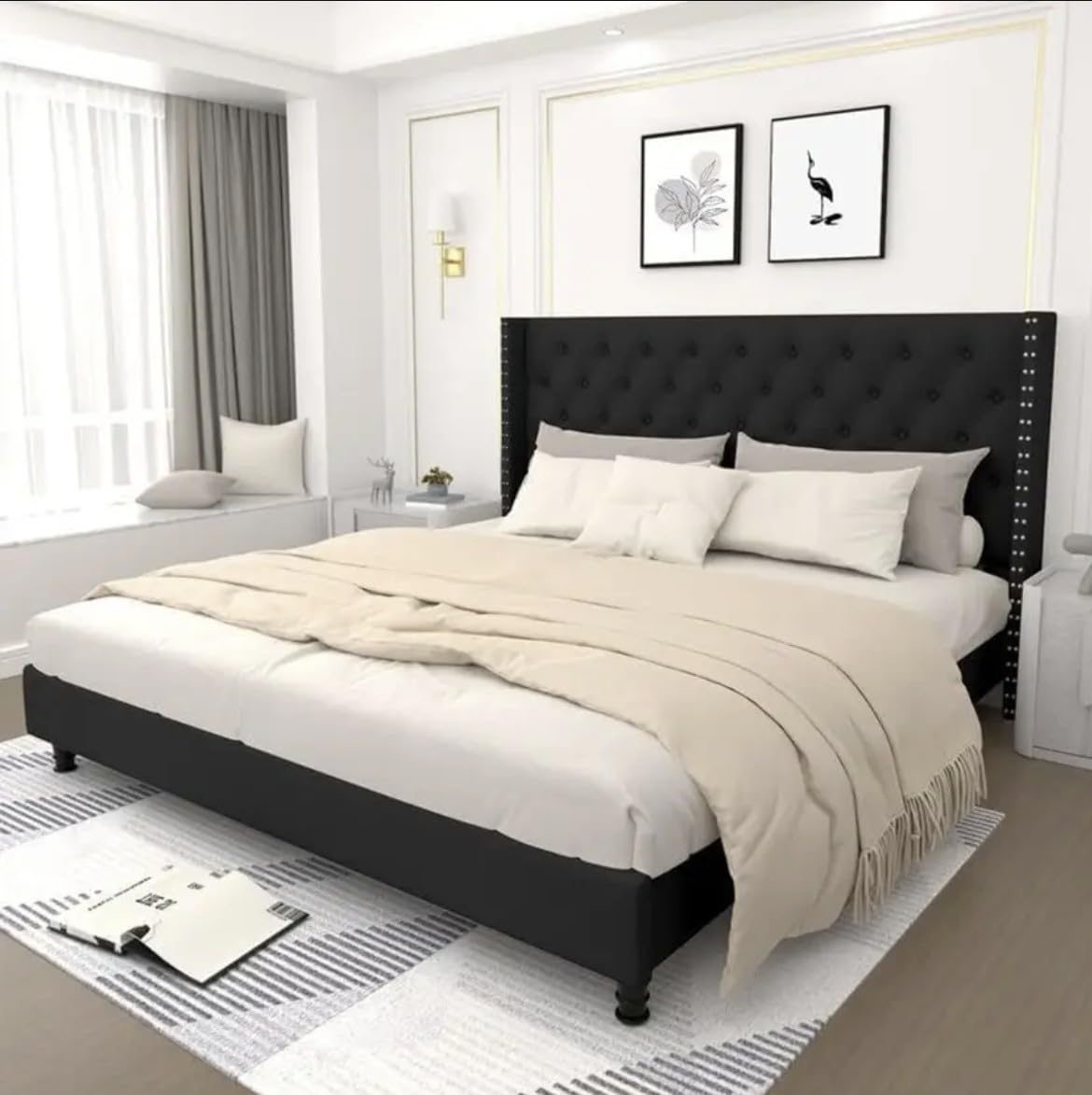 custom decor fabric upholstered king size bed with button tufted headboard for bedroom || solid wood king bed (finish color - black chosen) |