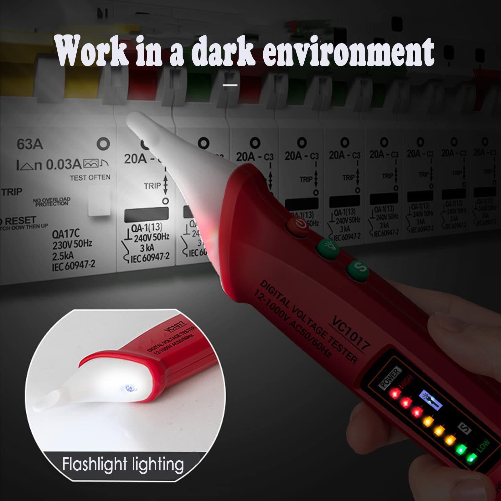Detector de Voltaje sin Contacto con Linterna LED Sensibilidad ajustable, Distinción de Cable Vivo/Nulo, AC 12V-1000V, Localizar Punto de Rotura, Alarma