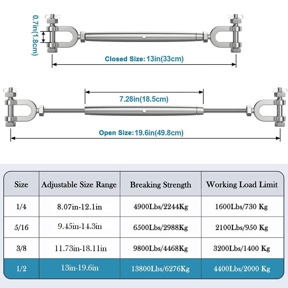 Tenditore da 1/2" (M12) in acciaio inossidabile 304 per cavi, design a corpo chiuso, limite di carico di lavoro di 1995,8 kg, tendicavo resistente per hardware per vele ombreggianti, zipline