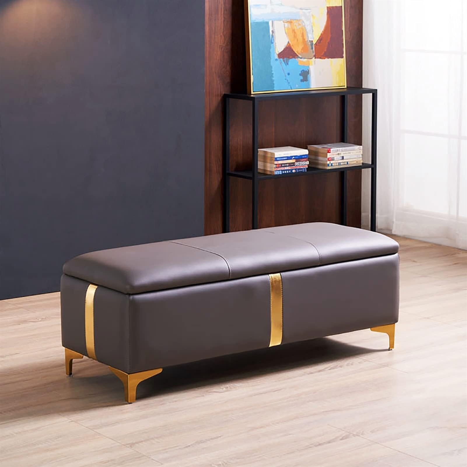 Banc de rangement rectangulaire pour chambre à coucher avec repose-pieds ottoman en cuir