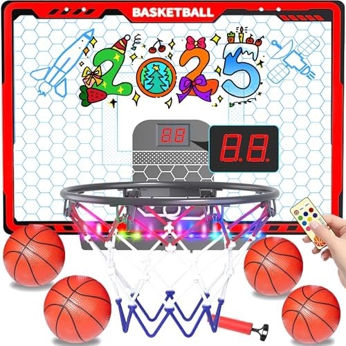 Awsoo Basketball Hoop Indoor for Kids，Mini Basketball Hoop with Colorful Light Bar，Scoreboard& 4 Basketballs, Basketball Toys Gifts for 3 4 5 6 7 8 9 10 11 12 Year Old Boys Girls (Red)