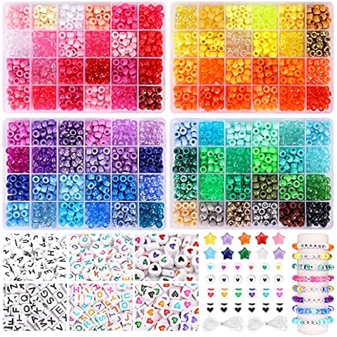 QUEFE 96 Colors 3000pcs Pony Beads Bracelet Making Kit Friendship Bracelet Kit Rainbow Kandi Beads with Letter and Heart Beads Elastic Threads for Jewelry Necklace Making Cover