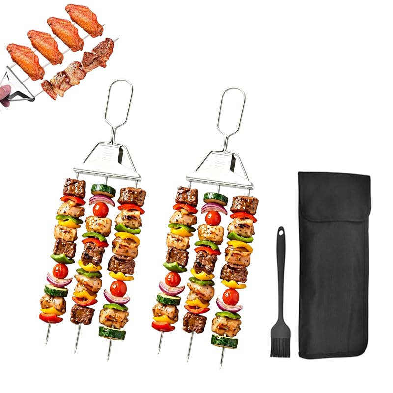3 Prong Skewers for Grilling 14.7 Stainless Steel BBQ Skewer with Push-Off Slider Reusable Kabob Skewers Outdoor Grill Accessories with Storage Bag for Meat Vegetable Chicken (2 Fork+Brush)