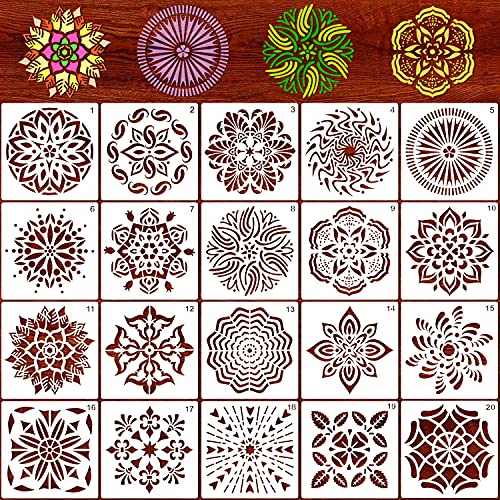 AQRINGO 20 Pack (5.1x5.1 inch) Mandala Stencils Reusable Mandala Dot Painting Templates Laser Cut Painting Stencils for DIY Painting Art Projects and Home Decor