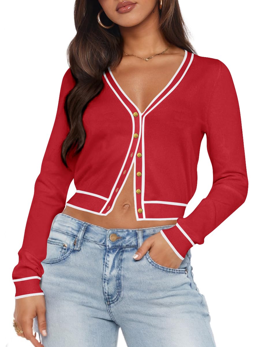 Ezbelle Cardigan Sweater Womens V Neck Tops Knit Crop Button Down Shirt Puff Sleeve Open Front Sweaters