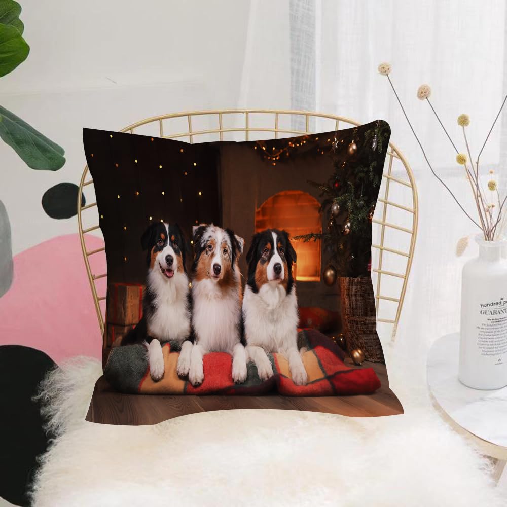 HYOSXW Cushion Cover,Throw Pillow Case Home Decorative for Living Room Bedroom Sofa Chair 16X16 Inch,Australian Shepherd Dog breed Happy New Year Christmas,Pillowcase 40X40cm