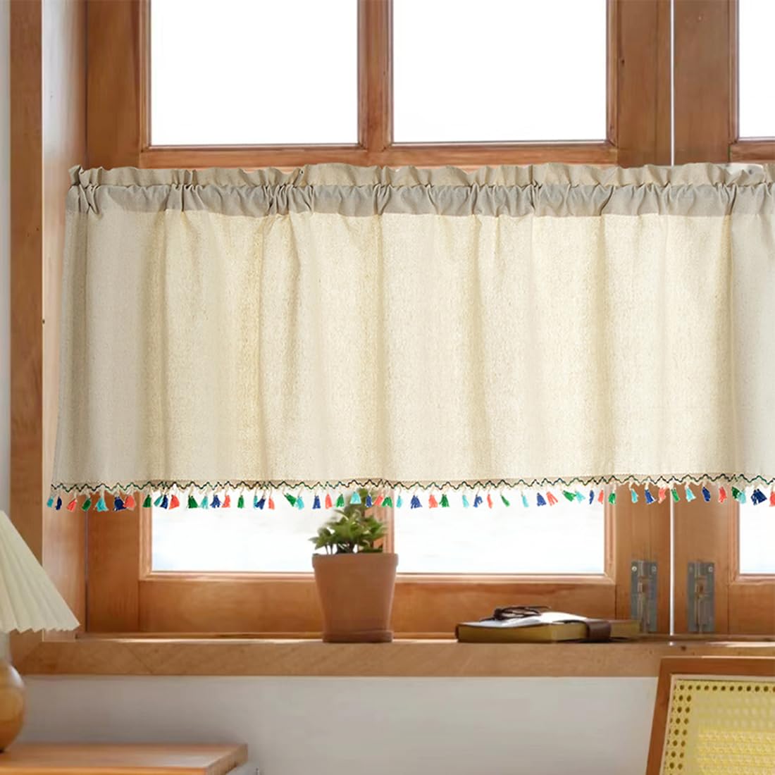 WELLYUK Boho Kitchen Curtain with Colorful Tassels Valance 18 Inches Long for Window Cute Beige Cafe Curtain Valance Cotton Linen Rod Pocket Window