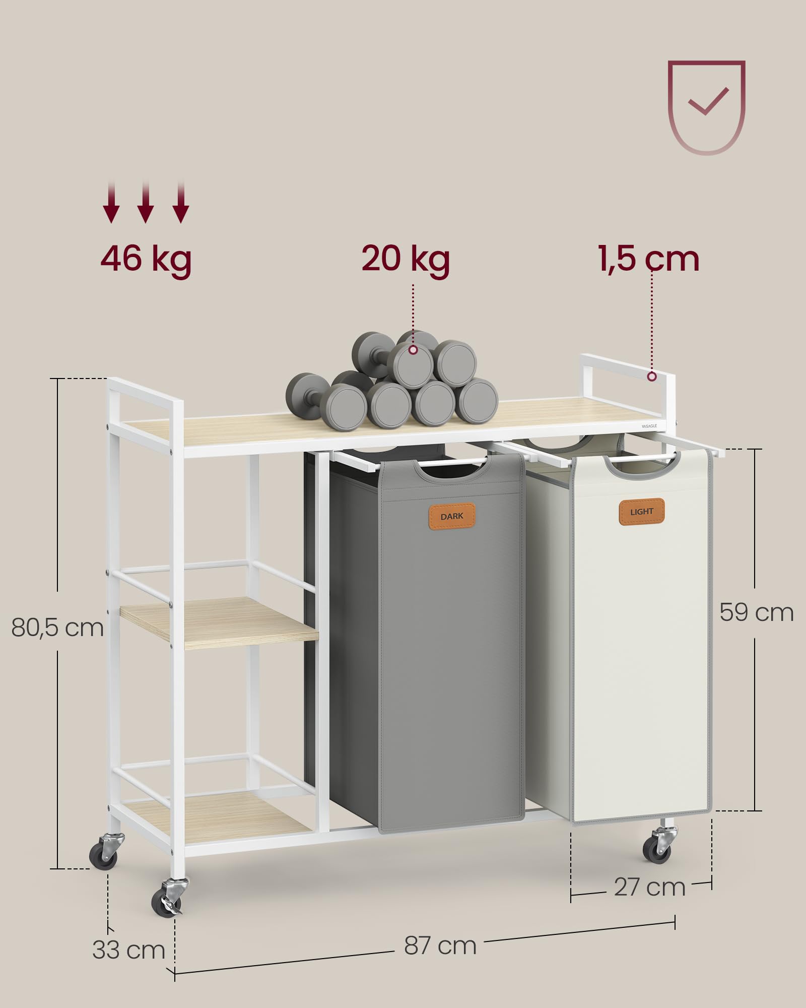 VASAGLE Laundry basket, 2 compartments, laundry basket 100 l, container, wheels, trolley with shelves, bag, removable pockets, 6 labels, natural