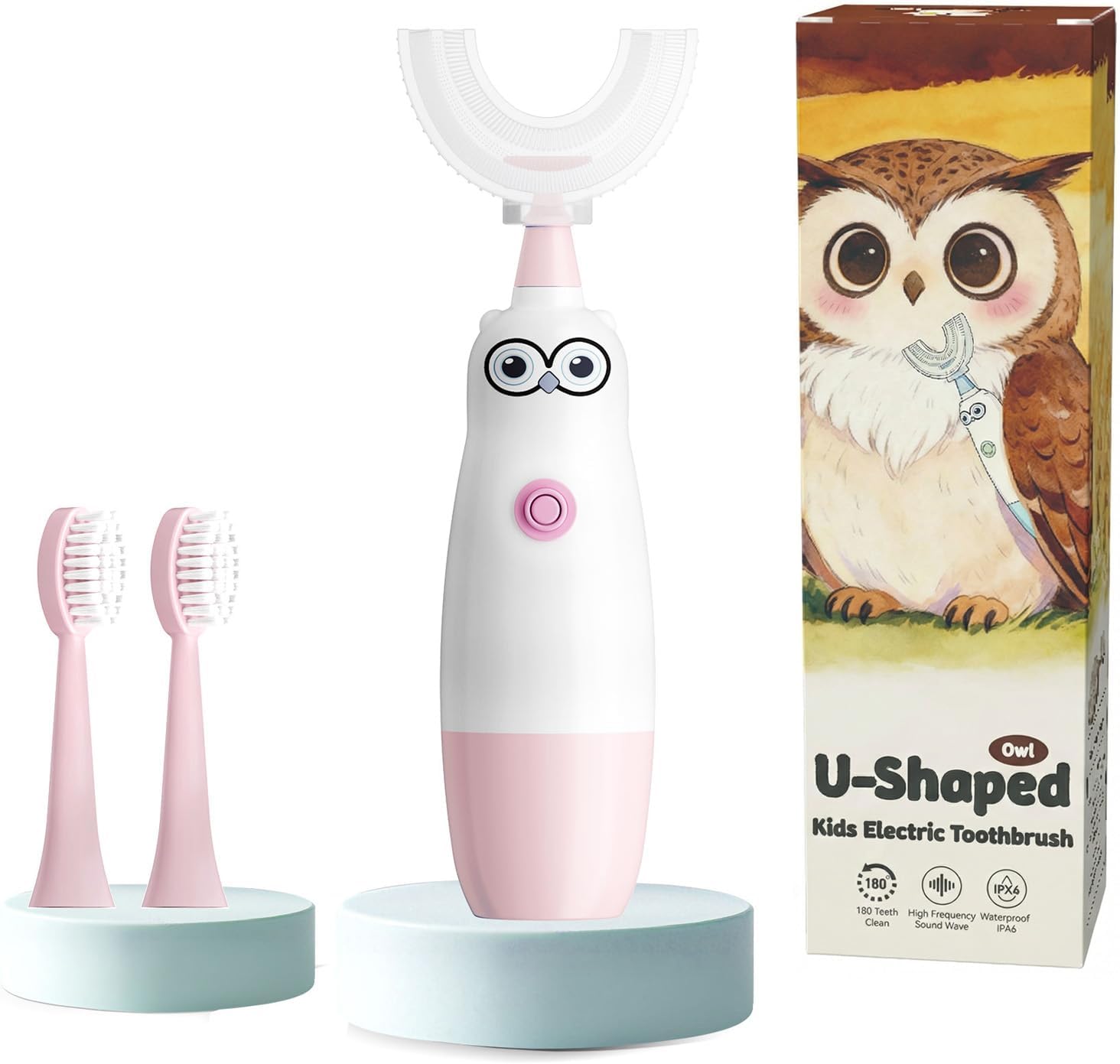 Kids Electric Toothbrush，360-Degree Sonic Vibration, IPX7 Waterproof,Toddler U Shaped Toothbrush with 2 Soft Brush Head,Cute Owl Design Baby Toothbrush for Ages 2–7（Blue）