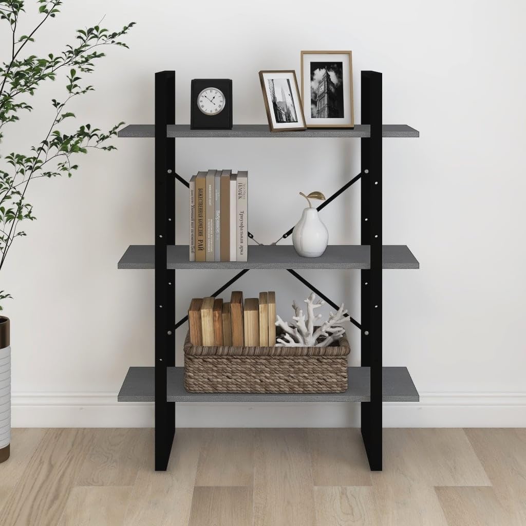 Bücherregal Massivholz Kiefer Grau 80x30x105 cm, 3 Ablagen Standregal für Wohnzimmer, Dekoration und Bücher, industrielles Design, pflegeleicht mit feuchtem Tuch