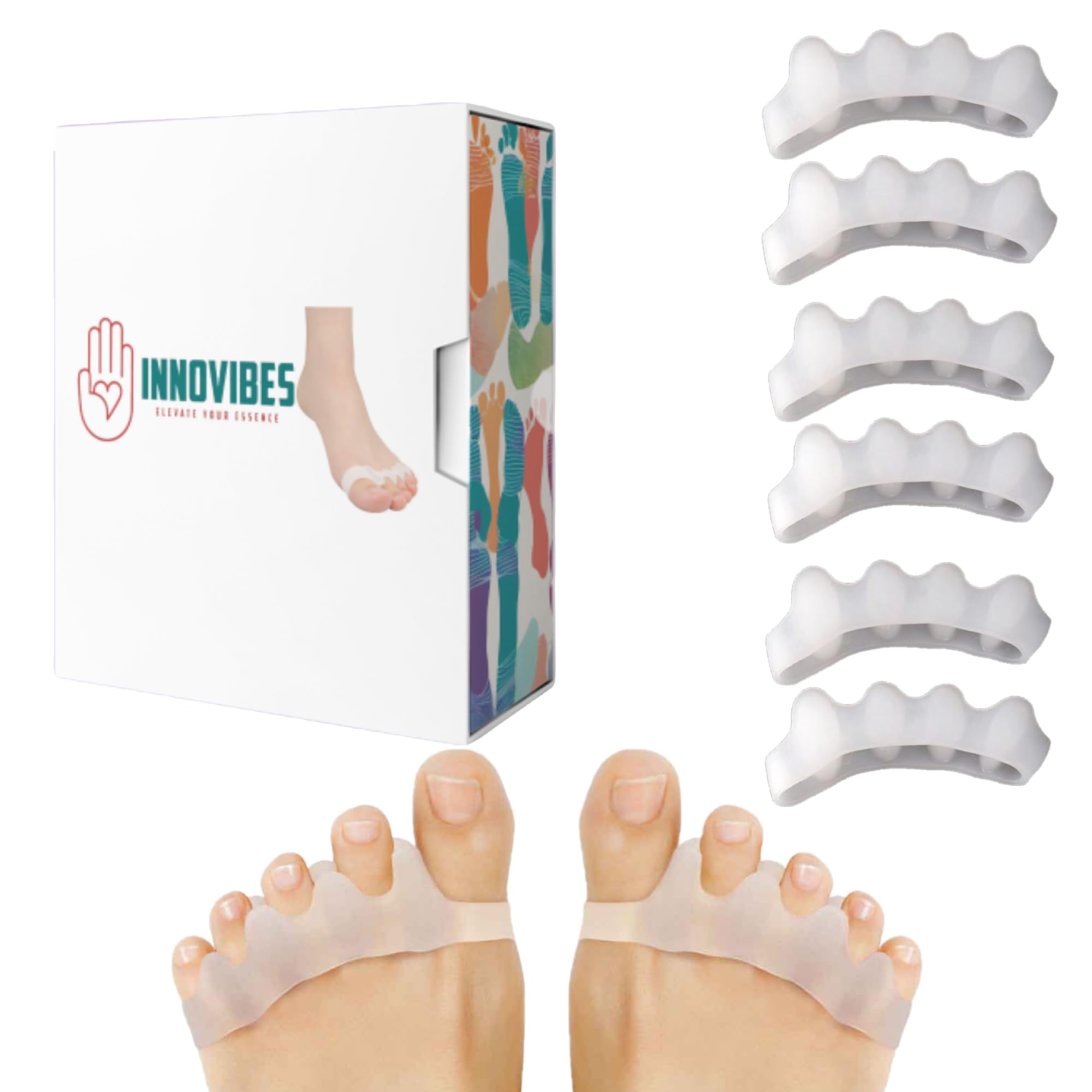 INNOVIBES Separadores de Dedos de los Pies, x6 (3 Pares) – Enderezador y Separador de Dedos – Separador de Dedos de Pie de Silicona, para Relajar y Estirar