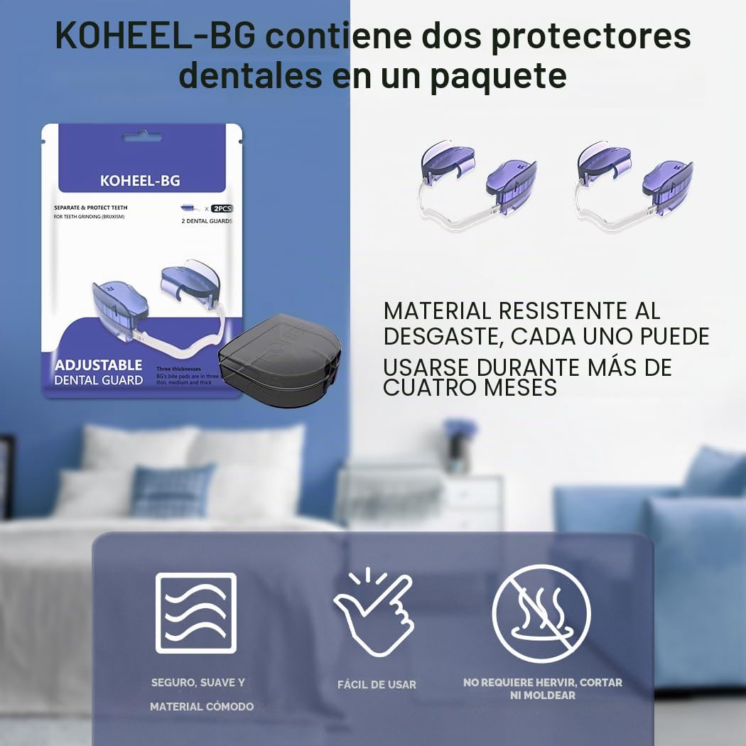 KOHEEL BG Férula Nocturna Ajustable para Bruxismo, Férula Dental sin Hervir para Alivio del Rechinar de Dientes, Paquete de 2 Unidades (Moderado)