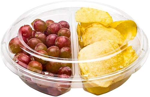 Restaurantware Thermo Tek - Bandeja redonda de plástico transparente para servir, con tapa, 2 compartimentos, 7 12 x 7 12 x 2 12 pulgadas, pequeña,