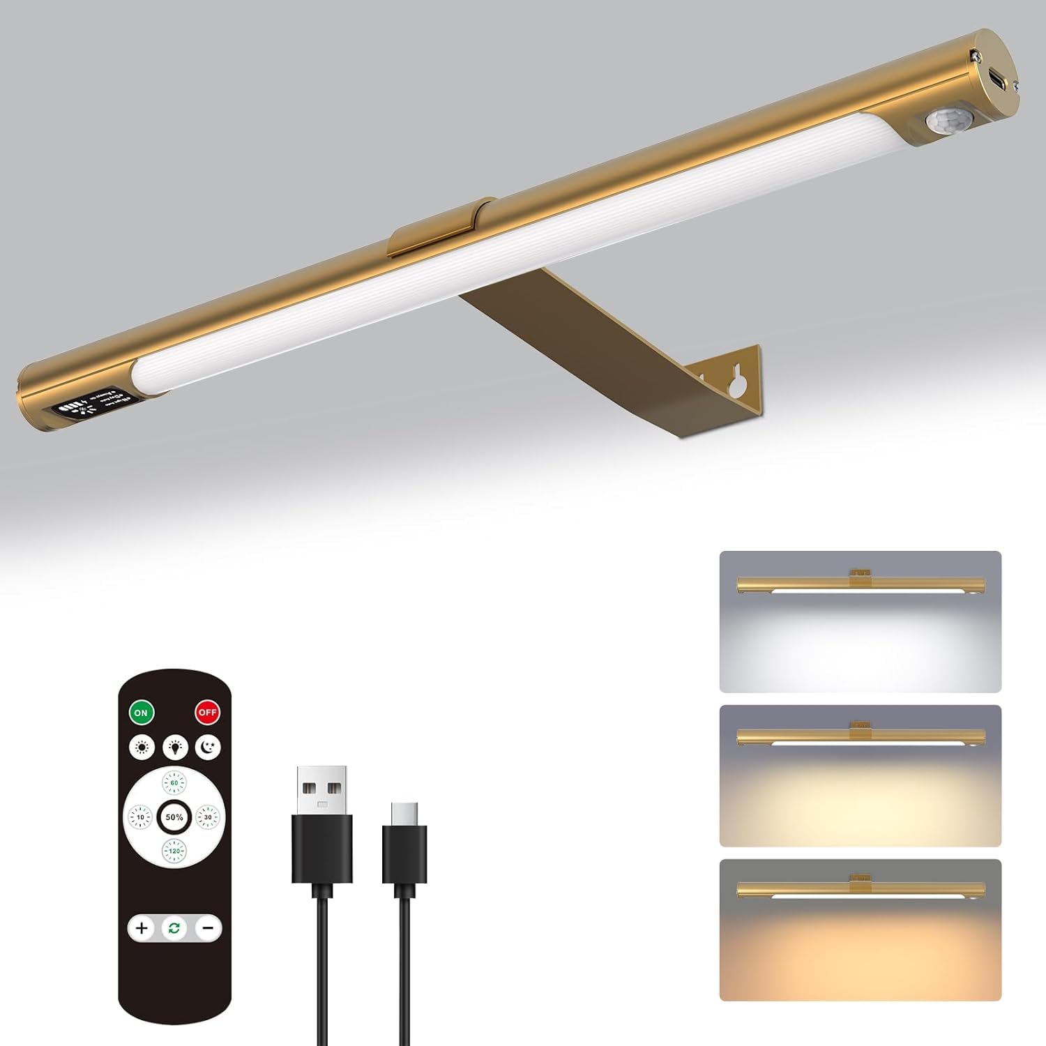 Lampe de tableau sans fil,LED Lampe Murale Rechargeable avec Télécommande,3 Températures de Couleur,Applique murale avec Detecteur Mouvement,pour tableau la fresque et les fléchettes