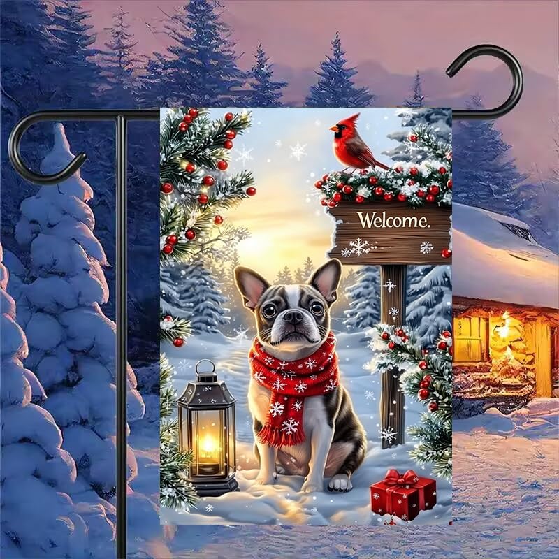 Merry Christmas Garden Flag 12x18 Double Sided, Small Burlap Holiday Welcome Snow Boston Terrier Dog Garden Flags Winter Christmas Outdoor Yard Decorations Porch Lawn Flags for Outside - Image 3