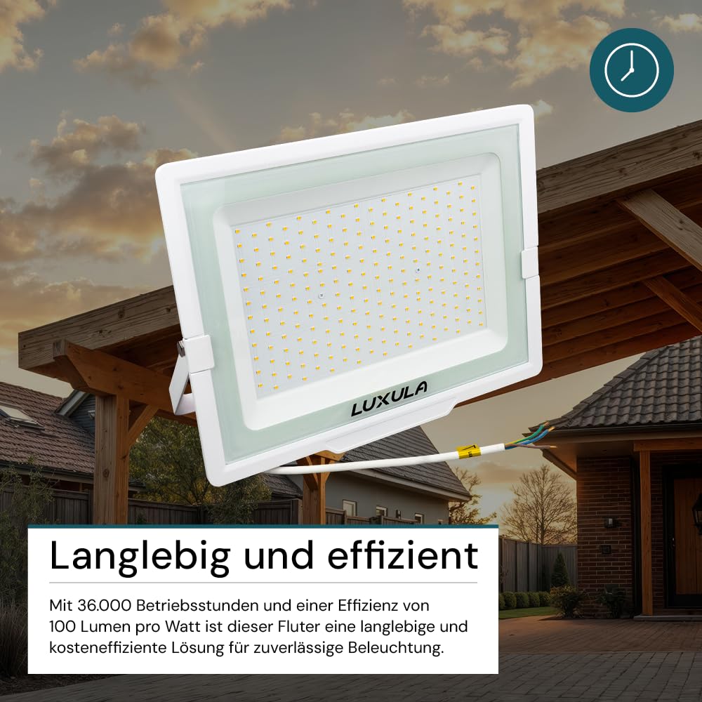 LUXULA LED Strahler Außen, 200W, 4000K Neutralweiß, 20000lm, IP65 wasserdicht, Außenstrahler Fluter, Aussenleuchte Scheinwerfer, LED Außenbeleuchtung für Garten, Einfahrt, Garage, Terrasse, Weiß