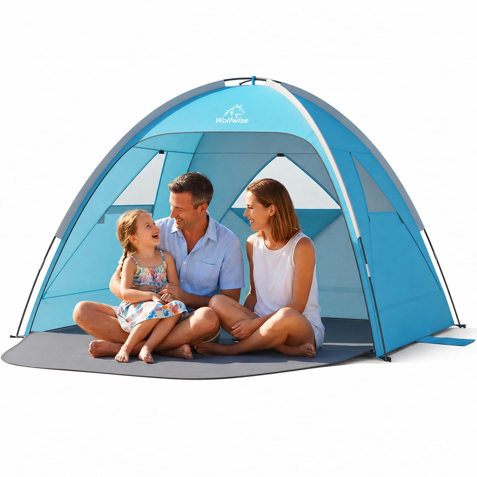 Wolfwise Tienda de Playa UPF 50+ para Familia, Refugio Solar Anti-UV con 3 Ventanas Ventiladas, Suelo Extensible y Bolsa de Transporte, Capacidad 3 Personas, Azul