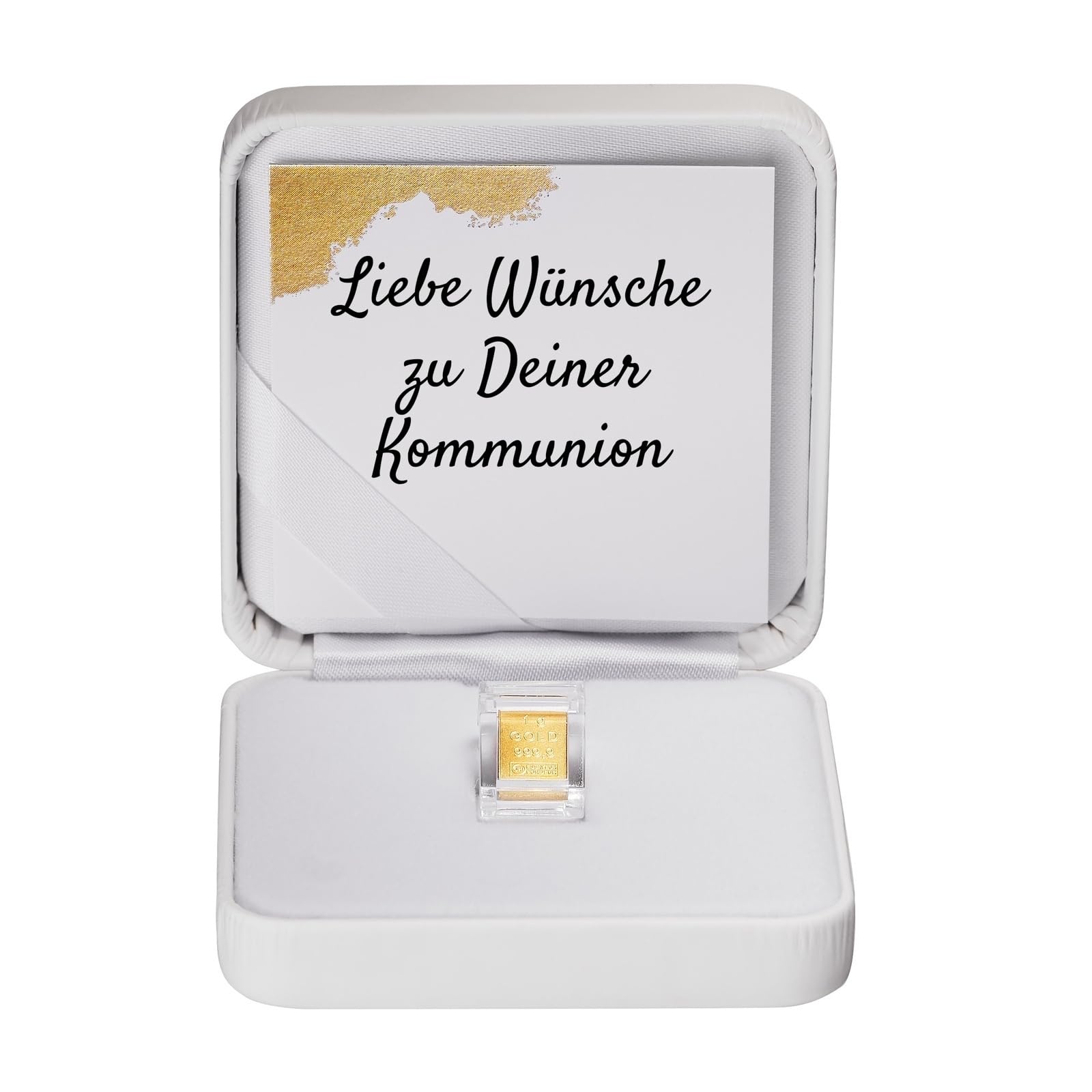 Goldstücke24 - Geschenk zur Kommunion - Goldbarren 1g in hochwertiger Kapsel inkl. Etui (weiß) und Grußkarte - Gold zur Kommunion verschenken
