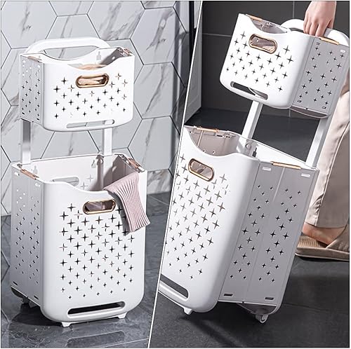 Miniatura 6 de LUOZZY Cesta plegable para ropa sucia con rueda cesta plegable de doble capa soportes de almacenamiento de lavandería oro rosa