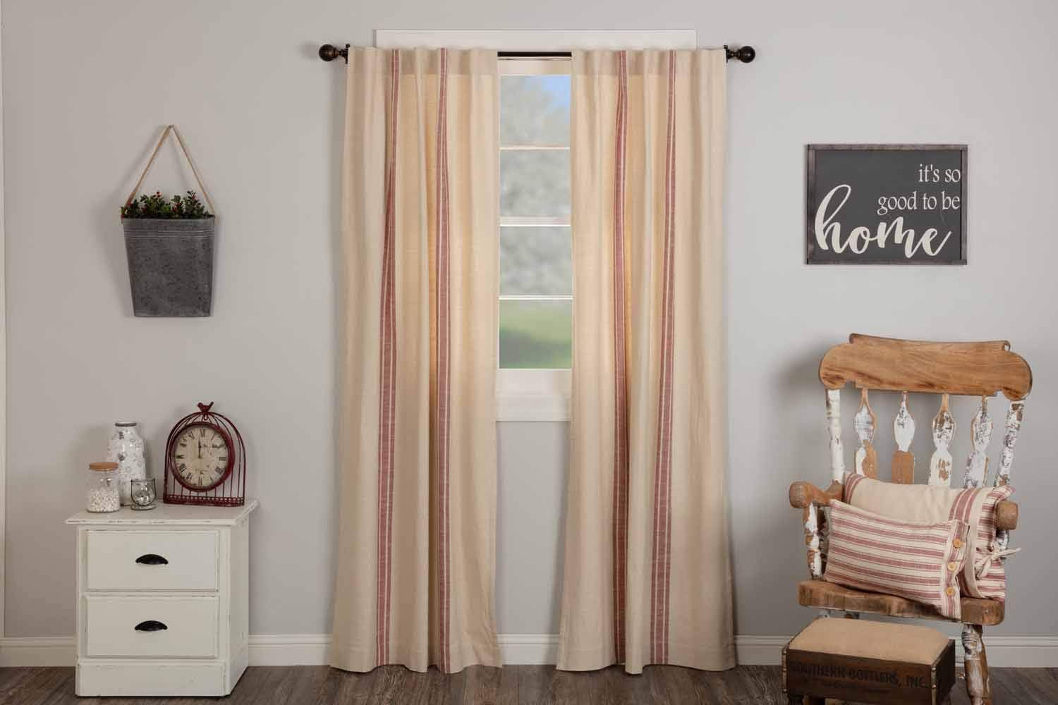 Piper Classics Market Place Red Grain Sack Stripe Panel Curtains, 96" Long, Set of 2 Panels, Farmhouse Style Drape Curtains in Brick Red & Natural Cream Stripes