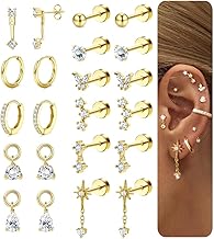 Flat Back Earrings for Women-Hypoallergenic 316L Surgical Steel Earrings Stacks Set-14K Gold Plated Small Stud & Hoop Earrings Cartilage Tragus Helix Piercing Jewellery
