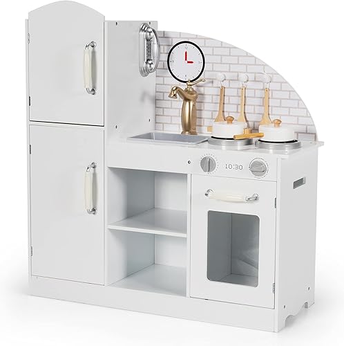 Costzon Juego de cocina para niños, cocina de madera con utensilios, horno, gabinetes, grifo, fregadero y teléfono, juego de cocina para niños