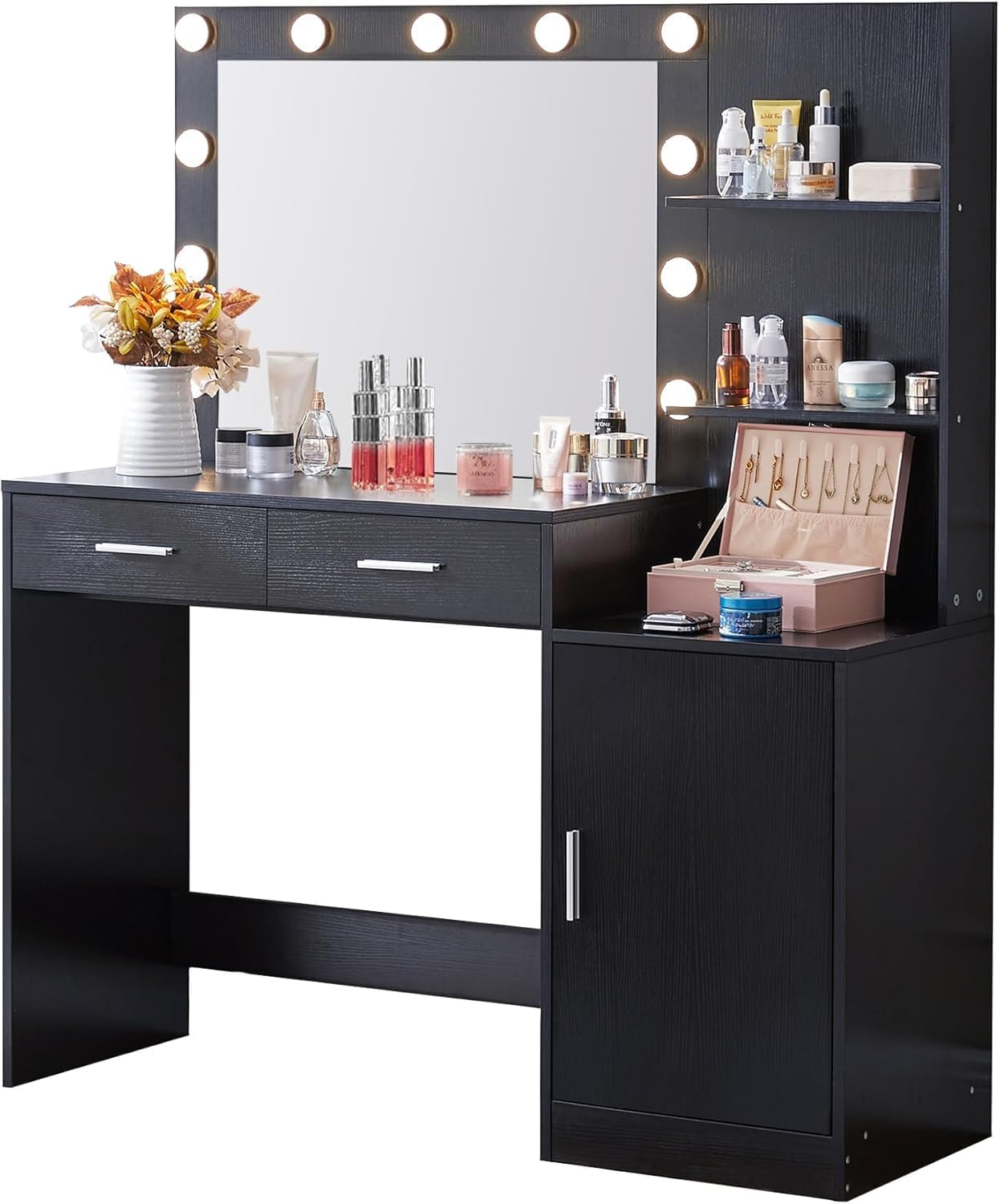 Carpanalli Vanity Desk with Mirror and Lights, Dressing Table with 2 Large Drawer&Large Vertical Organizer, 3 Level Dresser & 3 Lighting Modes Adjustable Brightness, Suitable for Bedroom (Black)-image-44