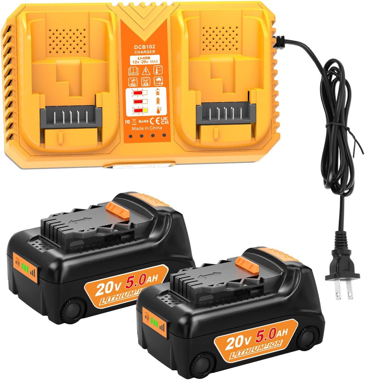 Aoasur 2-Pack 5.0Ah Battery Replacement for Dewalt 20v Battery with DCB102 Battery Charger Station(Yellow)