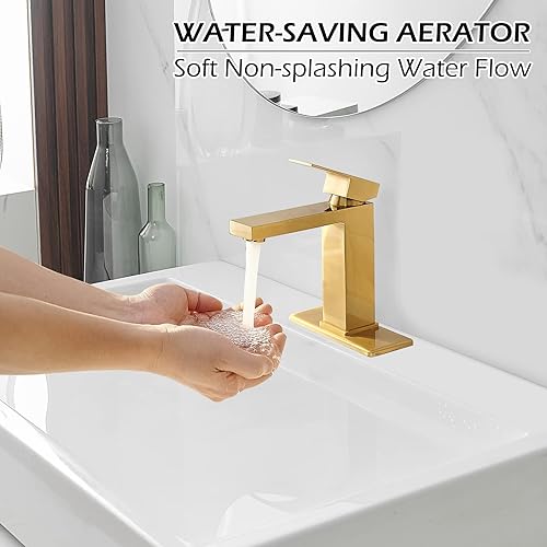 Miniatura 3 de BWE Grifo de baño de oro cepillado con un solo agujero, moderno de una sola manija, grifo de lavabo de latón con montaje de drenaje desplegable y