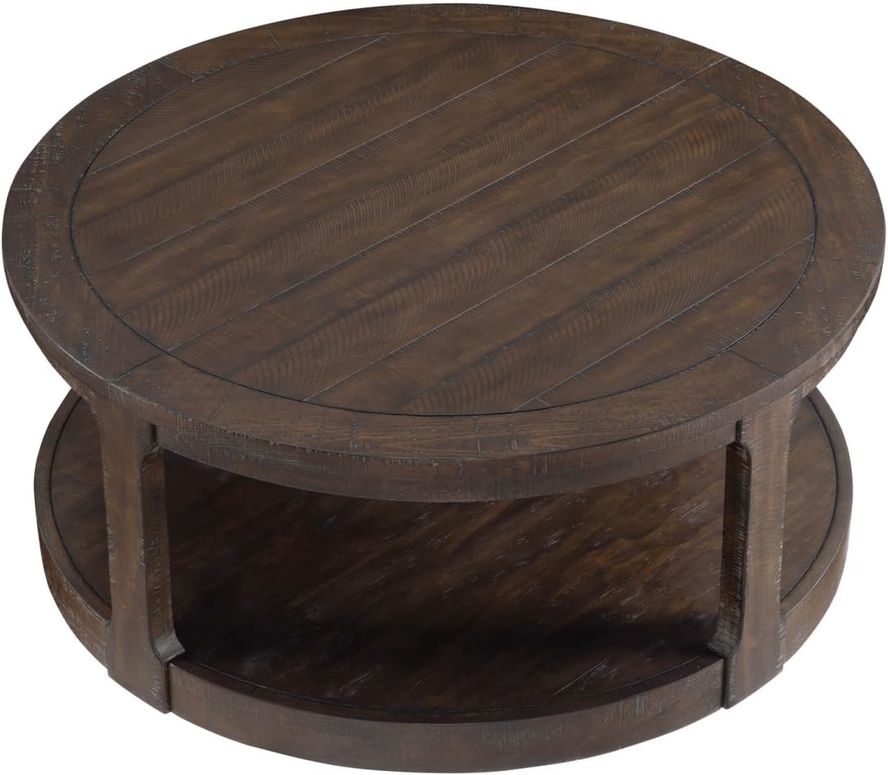 LKTART 40 Inch Round Coffee Tables for Living Room, Wood 2 Tier Circle Coffee Table with Wheels, Mid Century Large Center Table for Office, Apartment,Brown