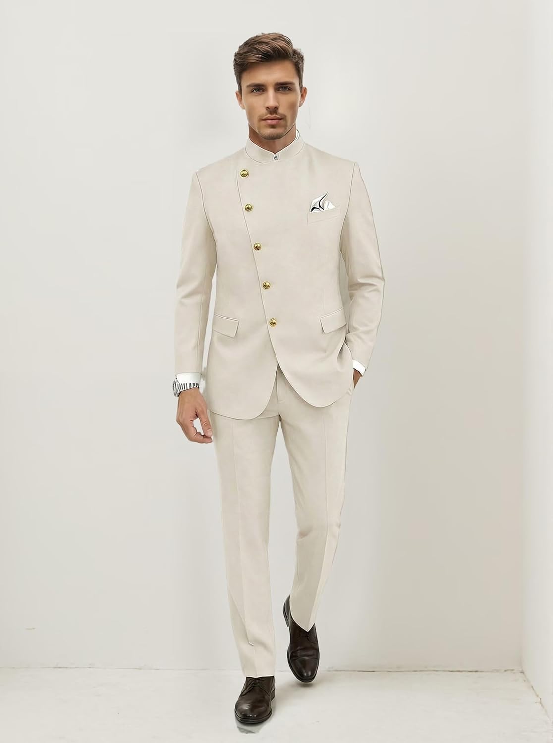 Chinese Suit for Men 2 Piece Slim Fit Mandarin Collar Suits Gold Button Formal Jacket Pant Set Wedding Prom