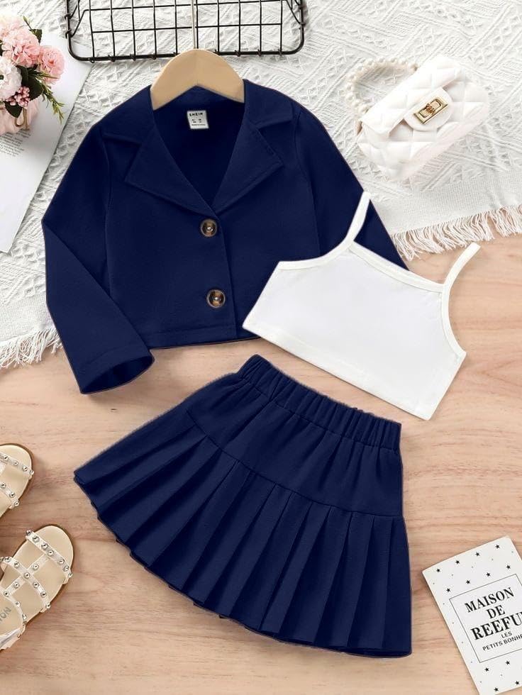 Image of Three Piece Co ord Set Dress for Girls| Jacket Top and Skirt Open Front Suits Set| Girls Clothing Set