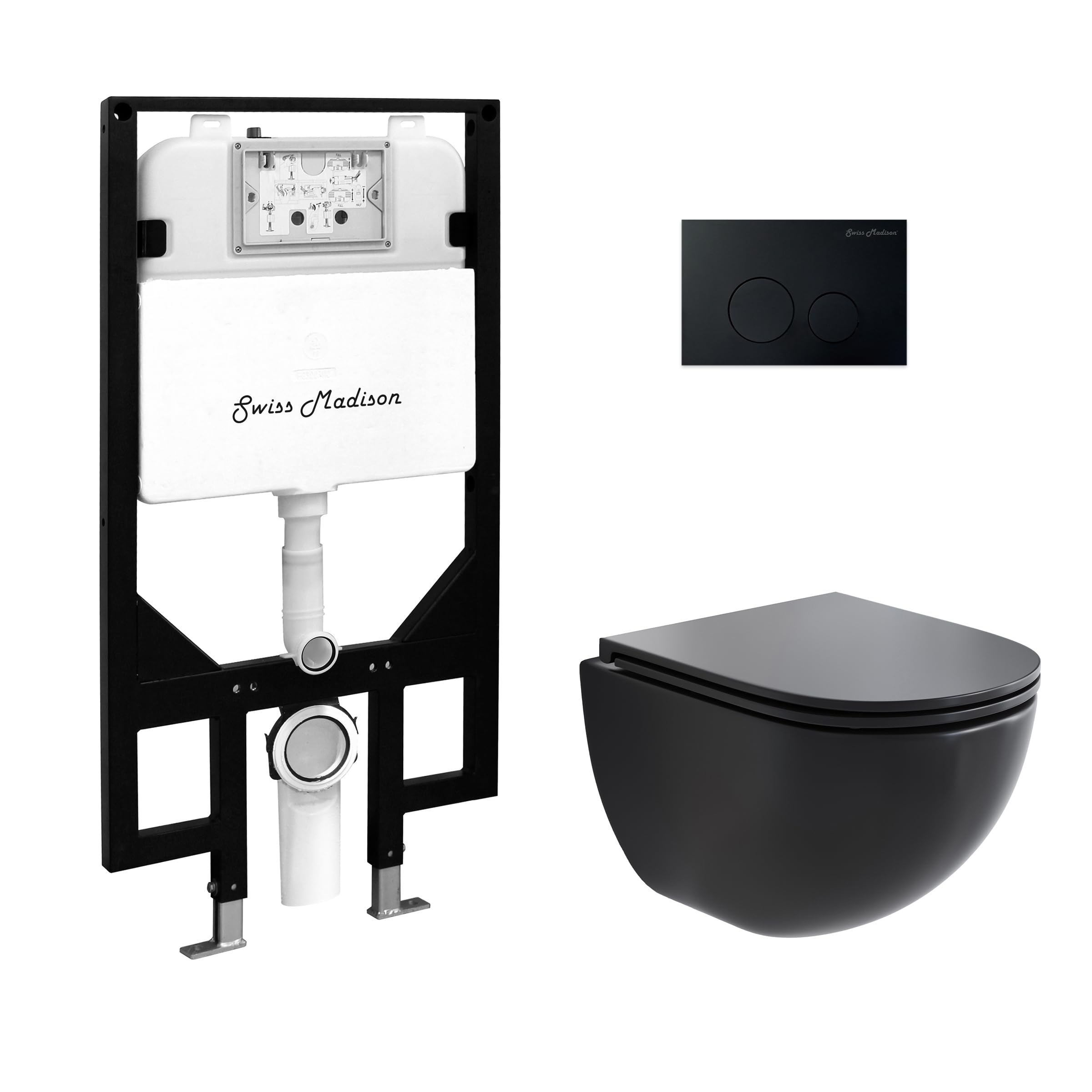 View 1 of ***FACTORY SEALED***Swiss Madison St. Tropez Wall-Hung Toilet Bundle 0.8/1.6 GPF Dual Flush in Matte Black with Black Flush Plate
