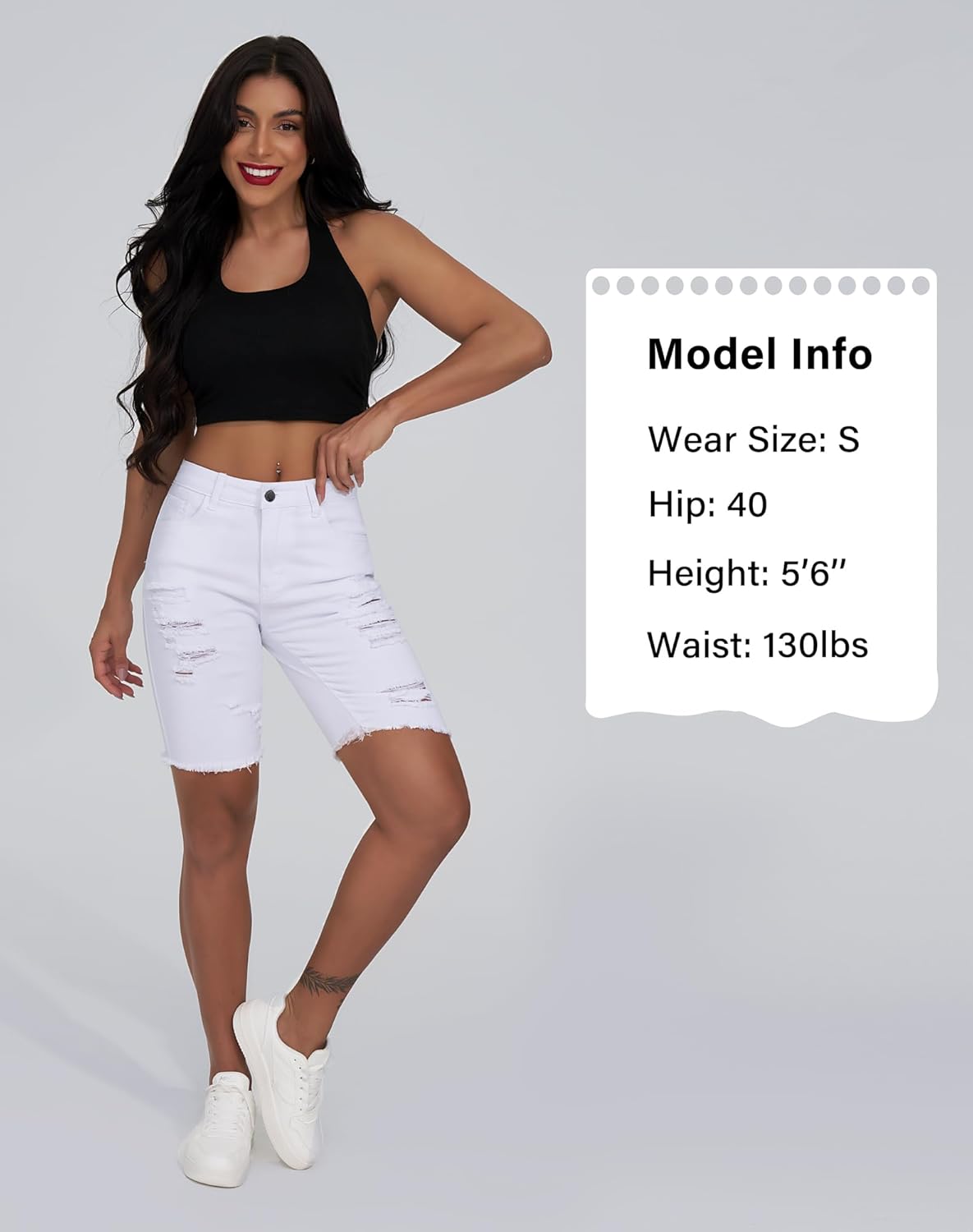 roswear Womens Ripped Stretchy Long Jean Shorts Mid Rise Frayed Cut Off Bermuda Shorts - Image 4