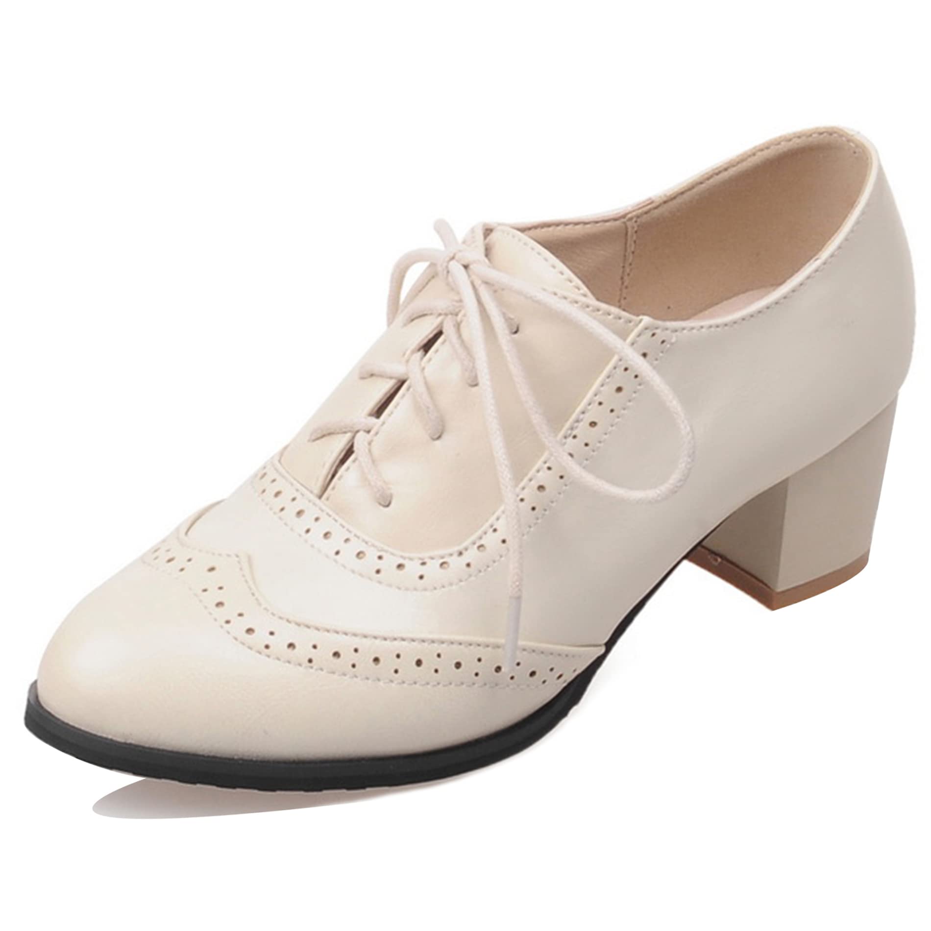 Oxfords à Talons Carrés pour Femmes, Pompe à Talon Moyen Bout Rond Lacets Chaussures Richelieu Classique, Taille 31-52