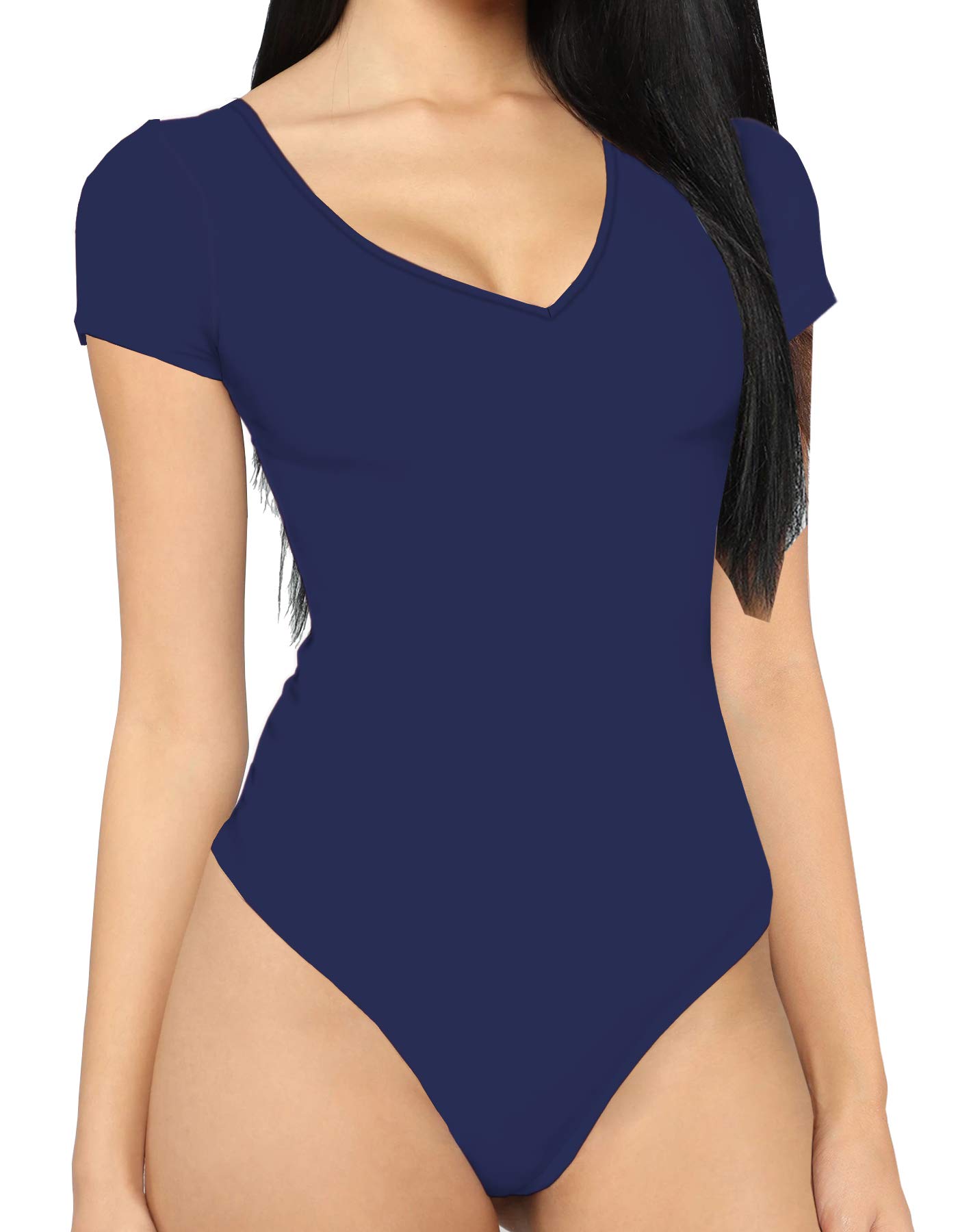 MANGDIUP bodysuit for women Short Sleeve V-Neck Casual Stretchy Basic T Shirt Bodysuit, Navy Blue, Medium