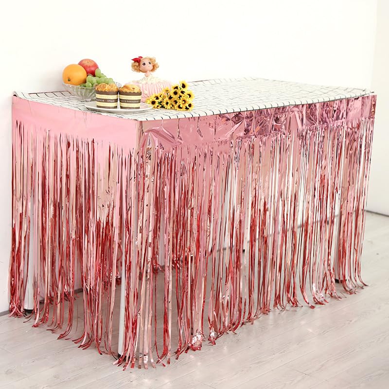 Namzi Set of 5 Rose Gold 29x108 Inch (9 Feet Long) Metallic Foil Fringe Table Skirt, Tinsel Disposable Skirting for Parade Floats Trailer, Mardi Gras Party, Birthday, Baby Shower, Wedding
