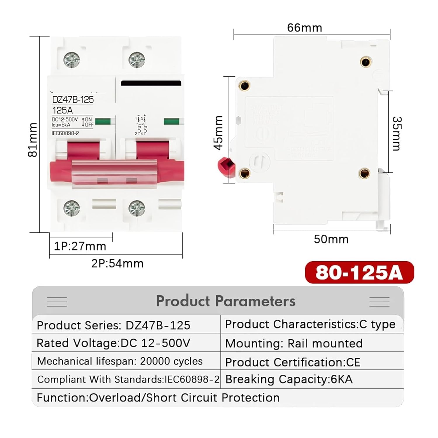 DZ47 1P/2P DC MCB 12V-48V Circuit Breaker - Positive Negative Pole Protection Switch Isolator for Battery Car Systems(2P,63A)