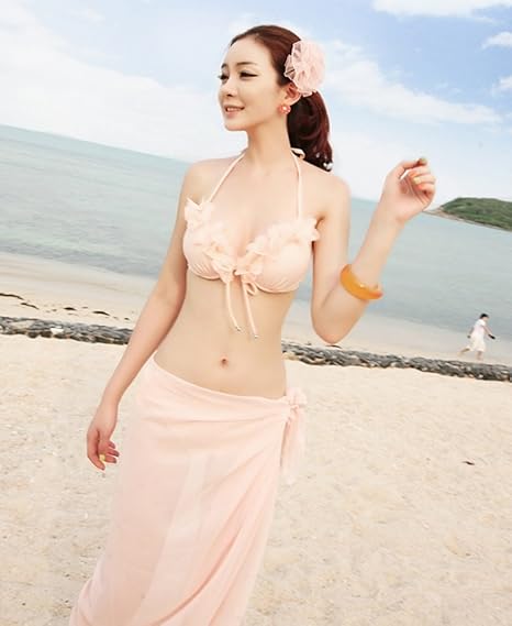 Amazon I Select シンプル パステルカラー パレオ付ビキニ 水着 レディース M L 緑 黄 桃 紅 無地 3点セット スイムウェア フリル 胸パッド 体 ビキニ セパレーツ 通販