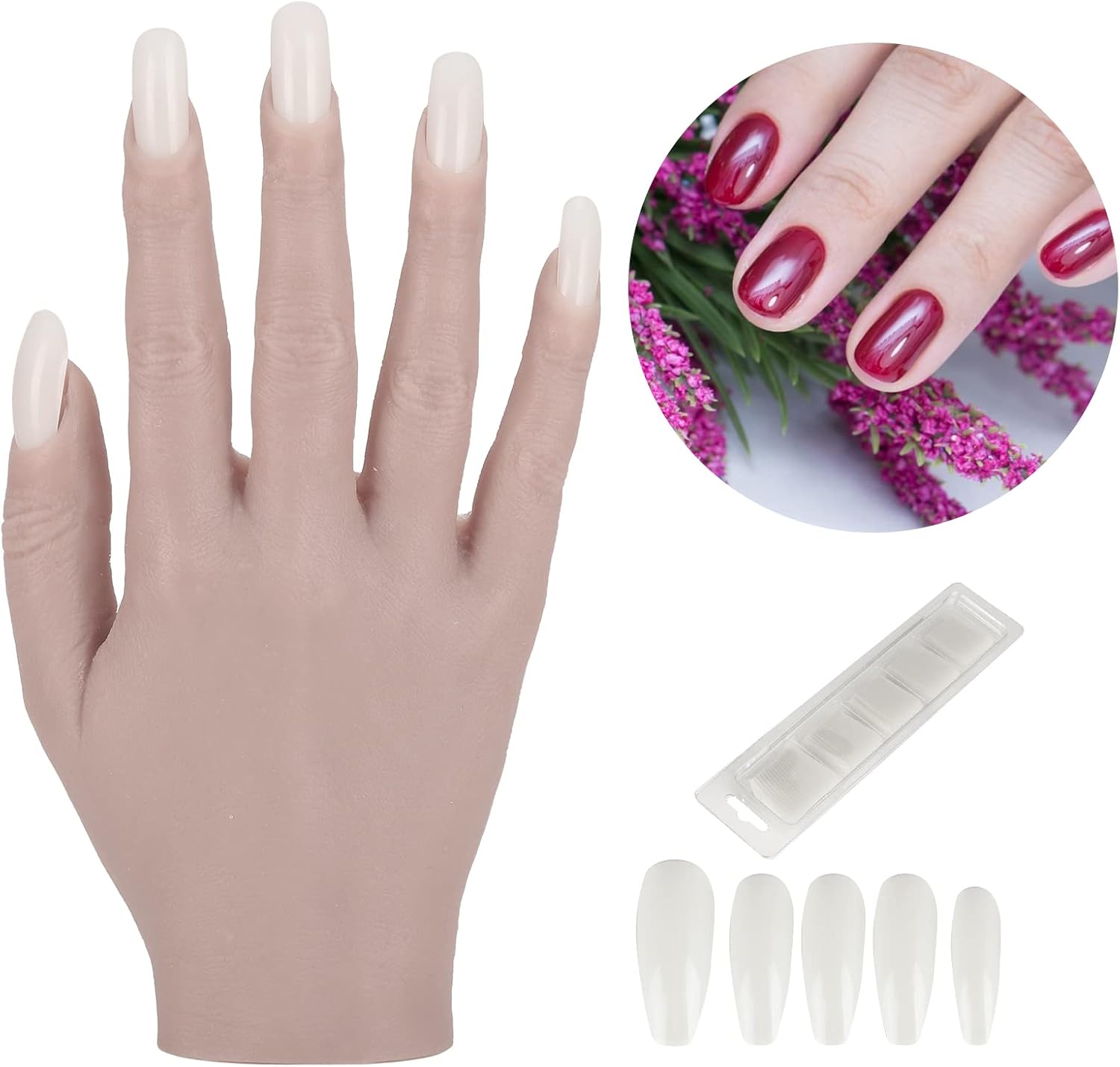 Silicone Nail Training Hand, Flexible Joint Nail Art Practice Hand, Bendable Mannequin Hands with 100 False Nail Tips, Lifelike Skin Texture for Acrylic and Gel Nails, Perfect for (02)