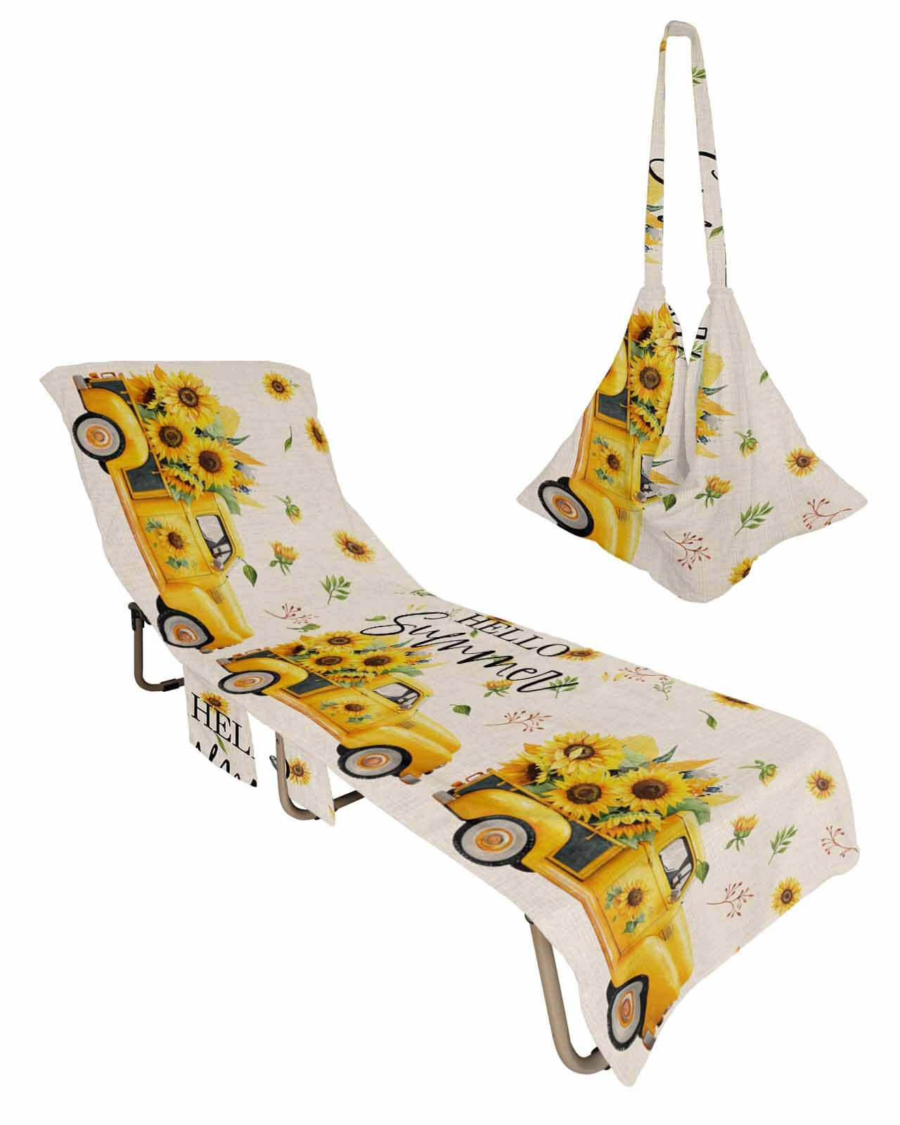 Yellow Floral Beach Chair Towel Covers for Chaise Lounge with Side Pocket, Soft Plush Pool Towels Cover for Patio Sunbathing Outdoor 29''x85'' Farmhouse Truck Sunflower Summer Spring