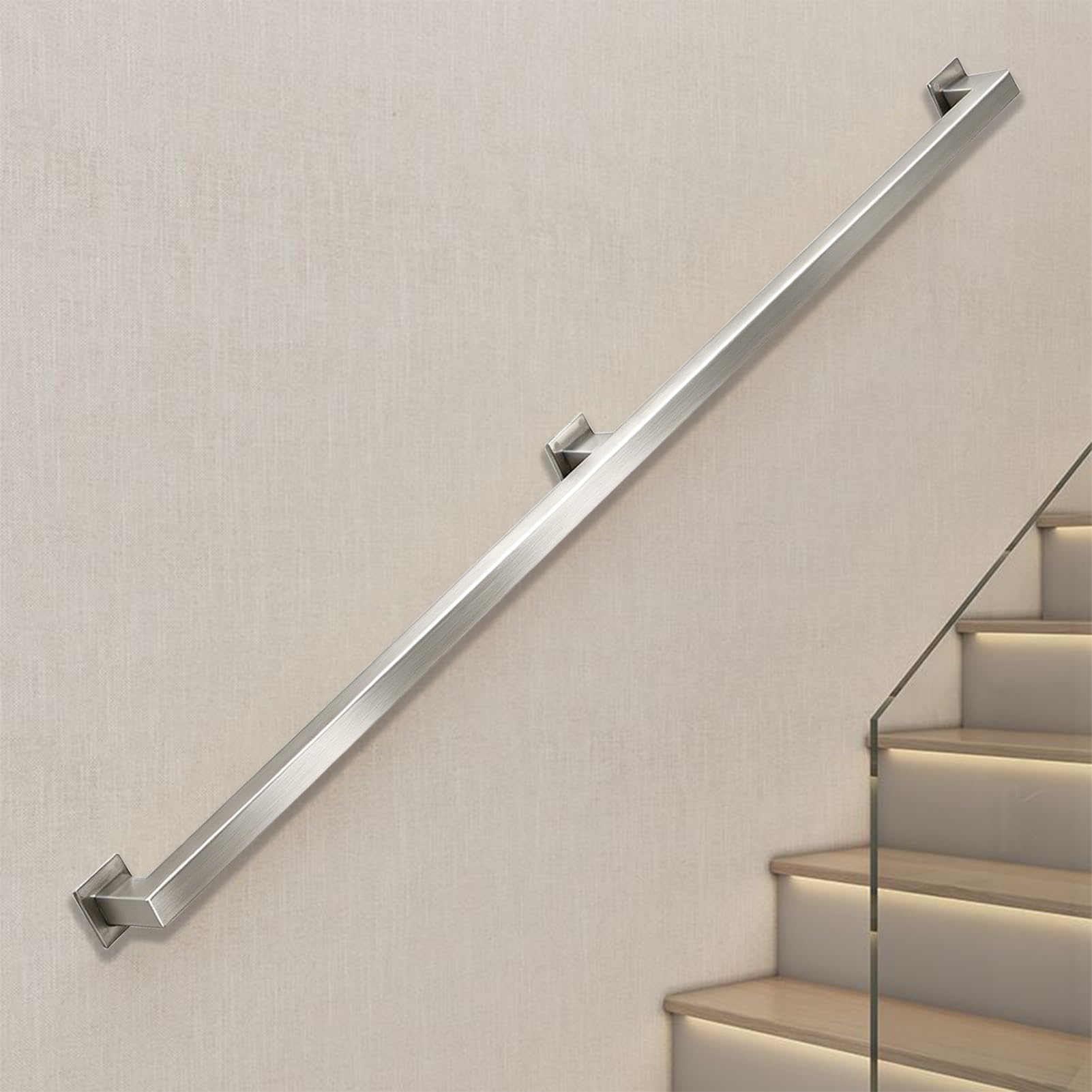 Drsyffsup Stainless Steel Stair Railing Silver - Square Wall Handrail for Stairs Indoor and Outdoor Use, Balcony, Parapet and House Decor Remodeling, Simple Assembly Kit(7ft/2.1m)