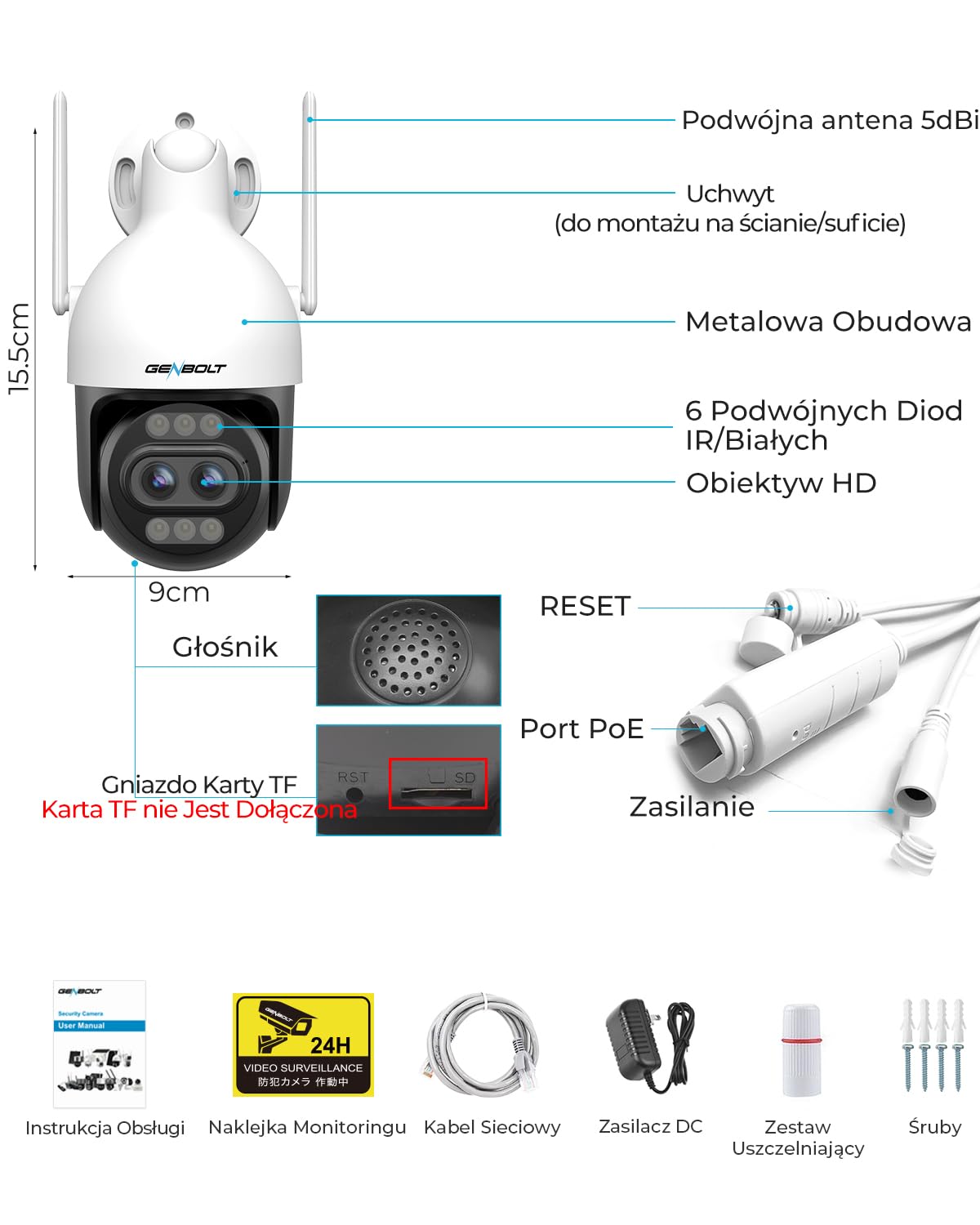 GENBOLT 4K WiFi Kamera Zewnętrzna,Kamera CCTV IP z Podwójnym Obiektywem 8MP | 10X Zoom Hybrydowy,Nagrywanie 24/7,2.4/5GHz,Kamera PTZ,DC&POE,Kolorowe Widzenie Nocne,Wykrywaniem Osób/Pojazdów,IP66