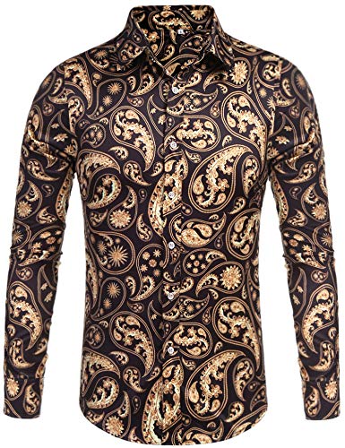 Daupanzees Mens Vintage Disco Shirts Stylish Classic Modern Fashion Long Sleeve Luxury Print 70s 80s 90s Party Celebration Shirts (Black XL)