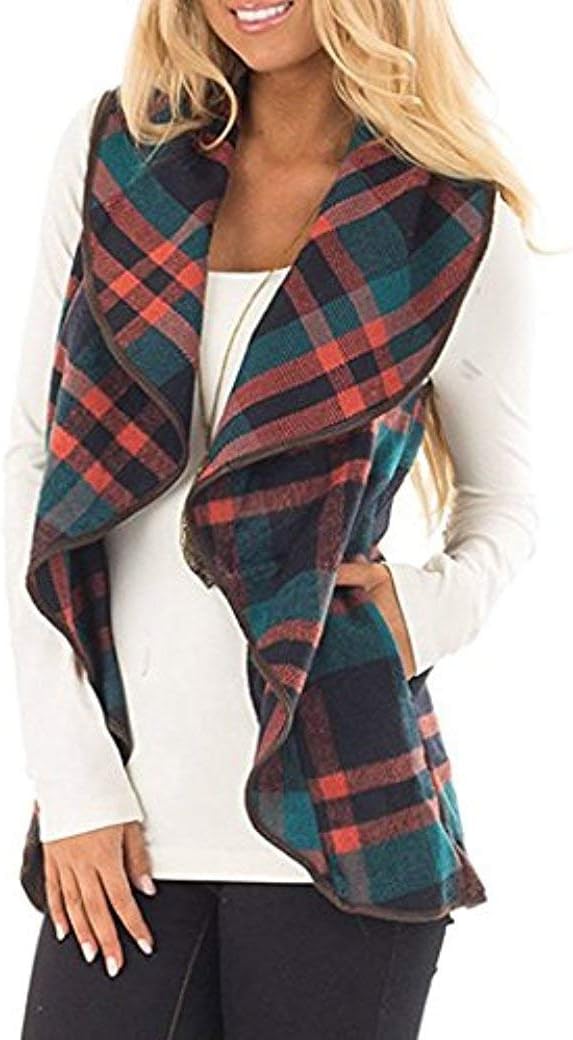 Unidear Womens Casual Lapel Open Front Plaid Vest Cardigan Coat with Pockets