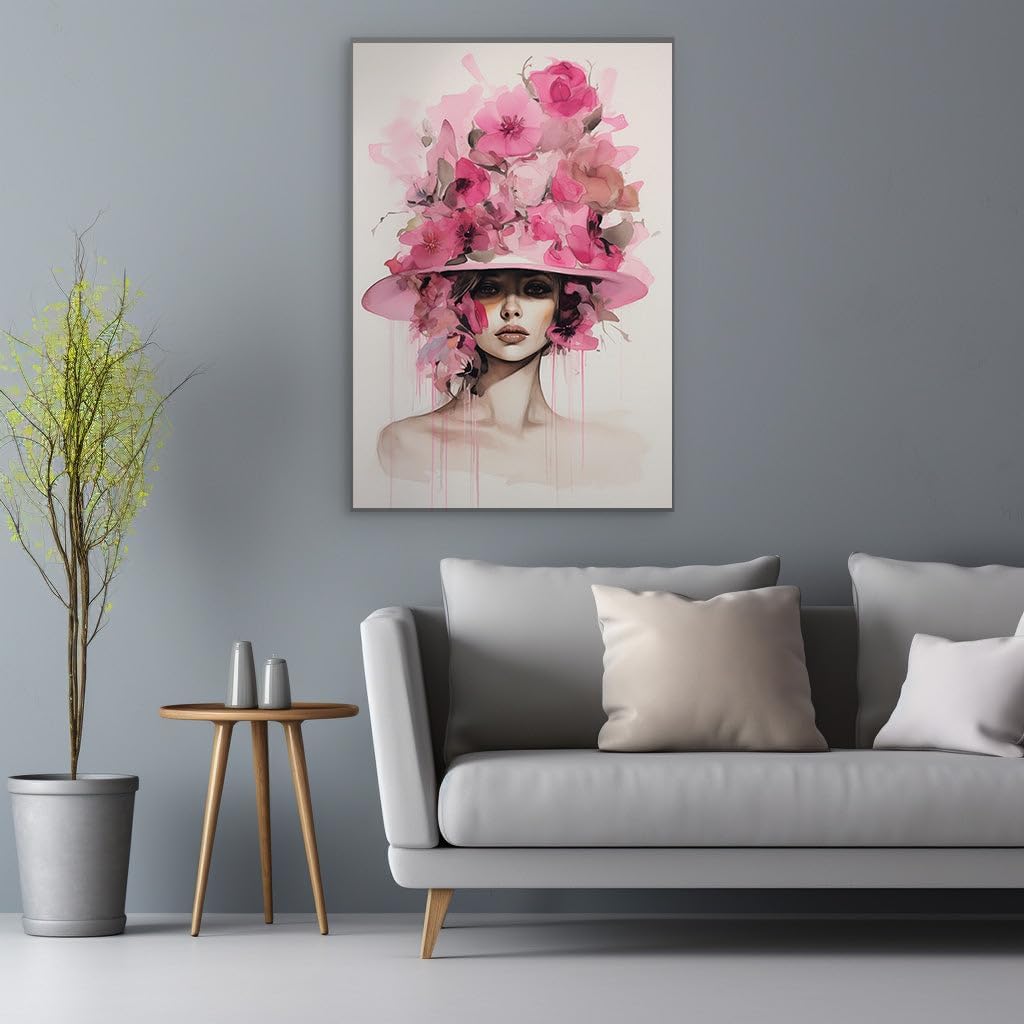 Canvas for Living room. Whimsical Elegance in Pastel: Enigmatic Eyes Beneath a Floral Pink Hat, 27 x 18 inch Canvas Wall Art - Contemporary Masterpieces - Botanical Home Decor - 69x46 cm (27x18 inch)