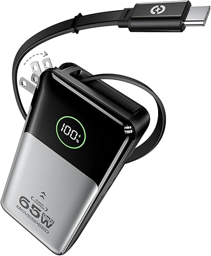 MOVE SPEED Cargador portátil para computadora portátil de 20000 mAh 65 W, paquete de baterías esenciales de viaje con cable USB-C retráctil
