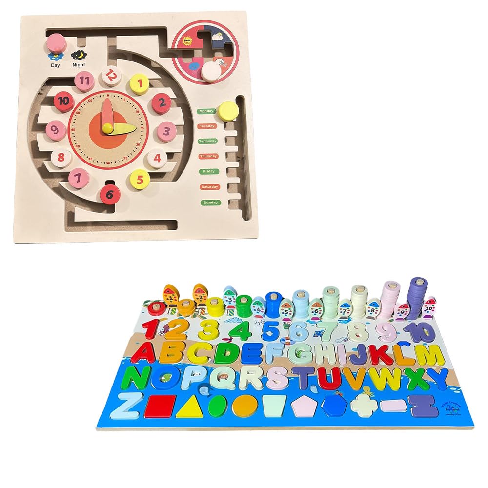Kinder Creative Maze Game Weather Calendar Clock - Wooden Puzzle for Kids, Weather & Time Learning, Ages 2+ | Alphabet & Numeric Magnetic Fishing Game - Fishing Toy with Numbers | Combo Pack of 2