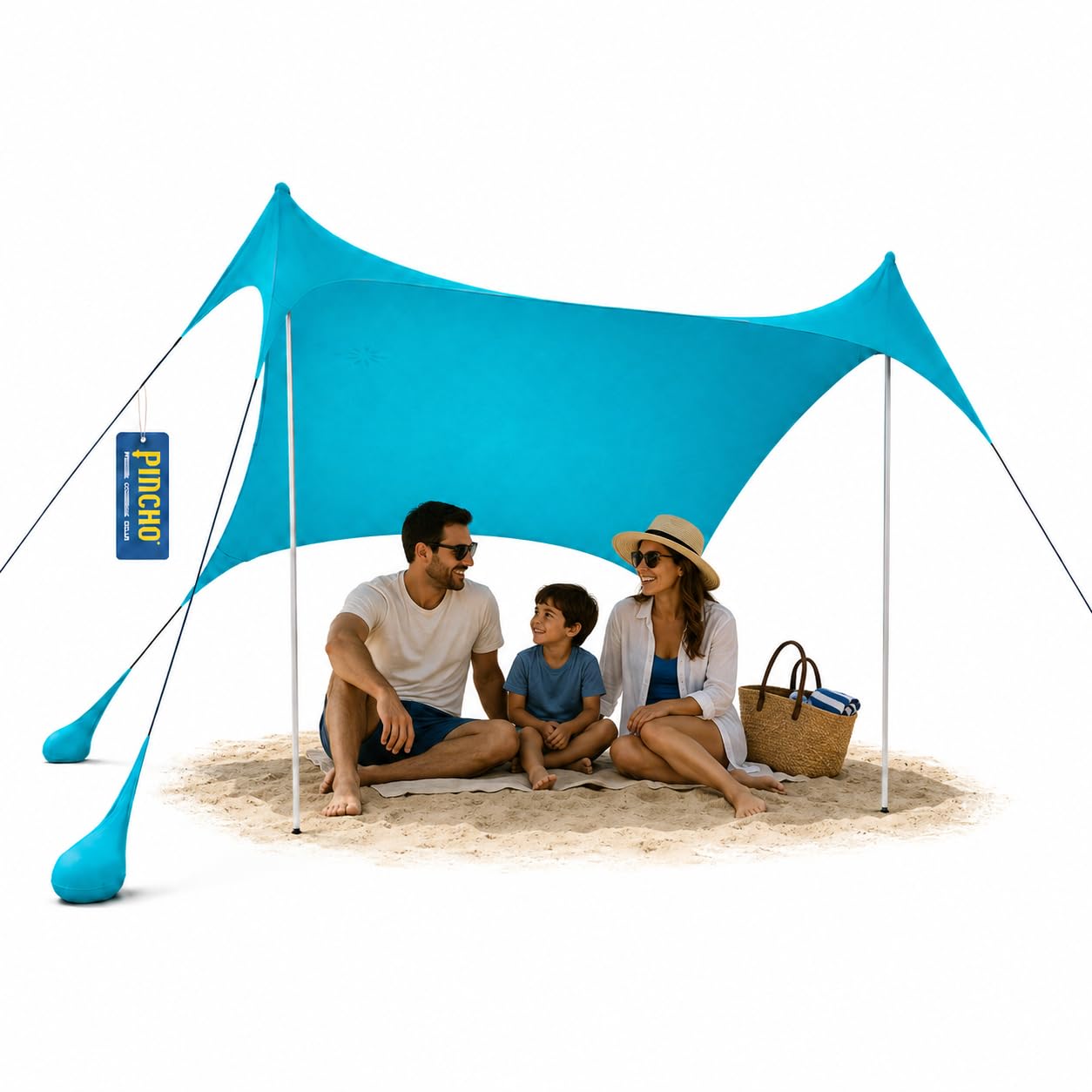 PINCHO Carpa Playa Portátil UPF50+ 210x210 cm para 2-3 Personas, Toldo Playa Plegable con Anclas de Arena, Palos de Aluminio y Refugio Solar Resistente al Viento para Camping y Jardin